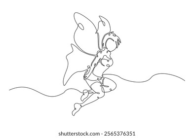 winged fairy in continuous one line drawing. Single line art draw of flying fairy with wings. Editable vector.