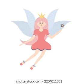 Winged fairy princess with a magic wand. Cute fairy tale character. Vector illustration.