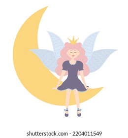 Winged fairy princess sitting on the moon. Cute fairy tale character. Vector illustration.
