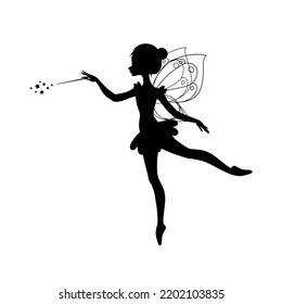 Winged fairy silhouette. Illustration of a ballet dancing fairy in the cartoon style isolated on a white background. Vector 10 EPS.