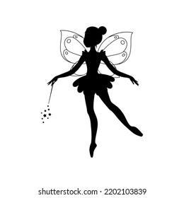 Winged fairy silhouette. Illustration of a ballet dancing fairy in the cartoon style isolated on a white background. Vector 10 EPS.