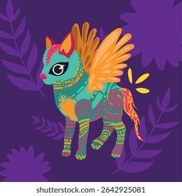 Winged fantasy dog art. Vector illustration