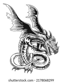 A winged fantasy  dragon suitable for tattoo, poster, wallpaper, t-shirts merch and logo or mascot