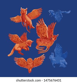 Winged fantasy forest animals isolated on blue background. Vector collection drawn with rough brush in contrast colors