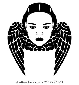 Winged female face. Head of a beautiful woman with bird or angel wings. Fantastic design. Flying female. Black and white silhouette.