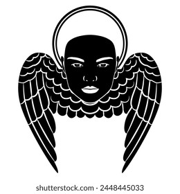 Winged female face with nimbus. Head of a saint woman with bird or angel wings. Fantastic design. Flying female. Black and white silhouette.