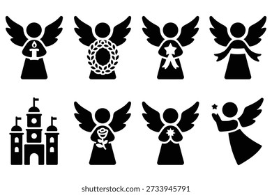 Winged figures holding objects and a building angel