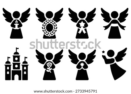 Winged figures holding objects and a building angel