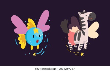 Winged Fish and Zebra Flying with Magic Wand as Fairy or Pixie Vector Set