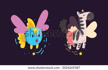 Winged Fish and Zebra Flying with Magic Wand as Fairy or Pixie Vector Set