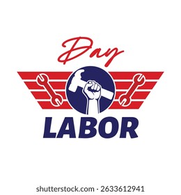 Winged fist holding wrench Labor Day graphic