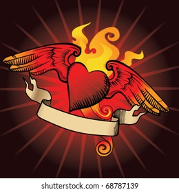 Winged Flaming Heart Vector