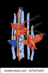 Winged forest animals flying among birch trunks. Vector fantasy illustration drawn with rough brush in contrast colors