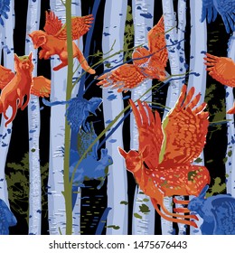 Winged forest animals flying among birch trunks. Vector repeated seamless pattern drawn with rough brush in contrast colors