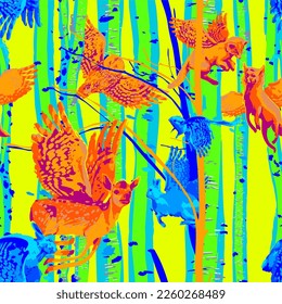 Winged forest animals flying among birch trunks. Vector repeated seamless pattern drawn with rough brush in contrast colors