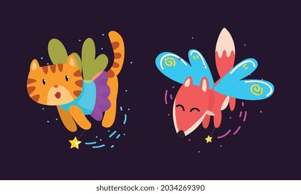 Winged Fox and Tiger Flying with Magic Wand as Fairy or Pixie Vector Set