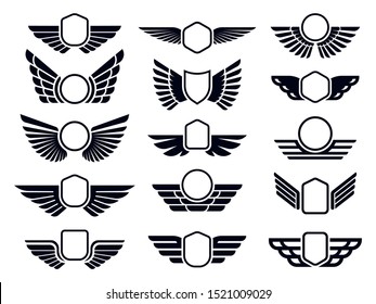 Winged frames. Flying bird shield emblem, eagle wings badge frame and retro aviation fast wing. Delivery cargo logotype or military wings insignia. Isolated symbols vector set