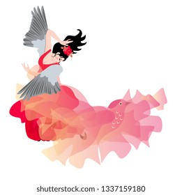 Winged girl dancing flamenco with a shawl in the form of a flying bird. Beautiful card. Space for text.