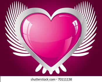 Winged glitter pink heart, vector illustration