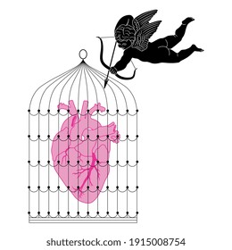 Winged god of love Cupid shooting at human heart inside birdcage. Creative romantic concept. Valentine's day design.