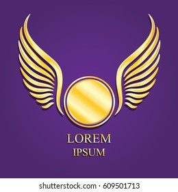 winged gold circle logo on violet background / vector illustration