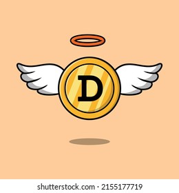 Winged gold dogecoin coins vector illustration isolated background