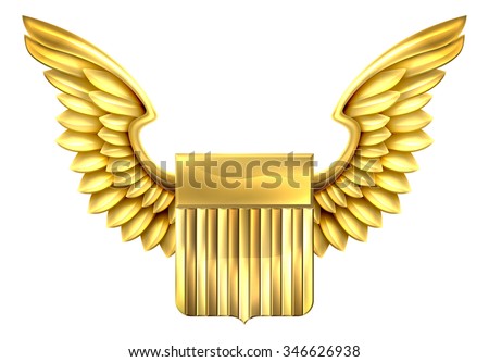 A winged gold metal shield design with United States flag stripes