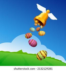 Winged golden bell delivering Easter eggs in a rural landscape with a blue sky