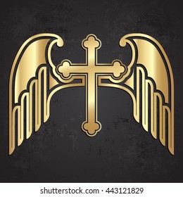 winged golden cross on grunge background / vector illustration