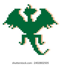 Winged green dragon isolated on white background in pixel art style. For celebrating chinese new year, home textile, bedding, wallpaper, apparel fabric, package. Vector illustration