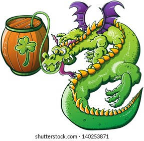 Winged Green Drunk Dragon drinking beer from a wooden barrel decorated with a St Paddy's Day Clover