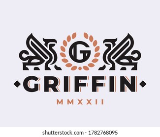 Winged griffin modern logo. Heraldic gryphon emblem design editable for your business. Vector illustration.