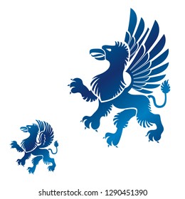 Winged Gryphon, mythical animal ancient emblems elements set. Heraldic vector design elements collection. Retro style label, heraldry logo.