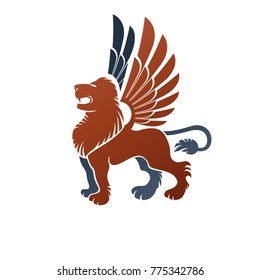 Winged Gryphon, mythical animal ancient emblem element. Heraldic vector design element. Retro style label, heraldry logo.