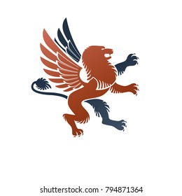 Winged Gryphon, mythical animal ancient emblem element. Heraldic vector design element. Retro style label, heraldry logo.