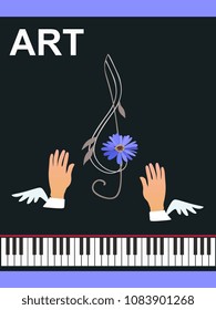 Winged hands of musician and floral treble clef over keyboard of concert black grand piano isolated on black background in vector. Conceptual illustration. Template for a musical poster.