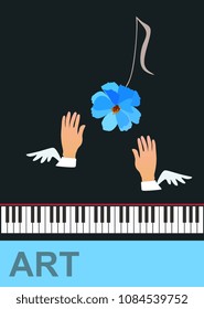 Winged hands of musician and musical note in shape of blue cosmos flower isolated on black background in vector. Piano keyboard and abstract text. Banner, poster.

