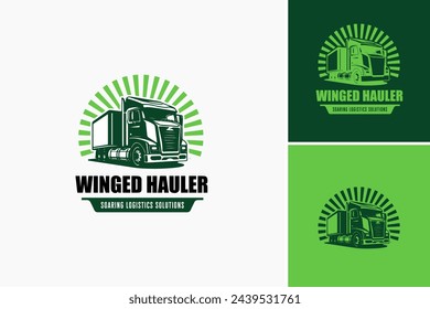 Winged Hauler Expedition Truck logo design template, a Truck with Green Background and Sunburst. Suitable for transportation, logistics, and sustainability themes in design projects.