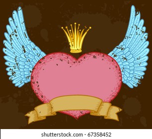 Winged heart banner with crown