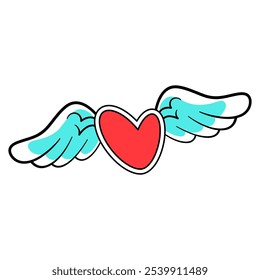 Winged Heart in Cartoon Style. This vector image features a red heart with white and light blue wings in a cartoon style.