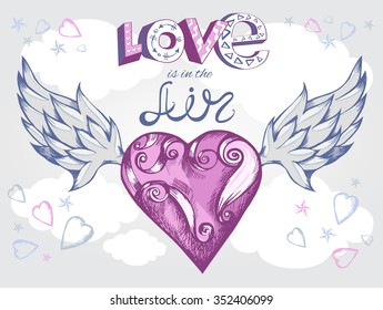 Winged heart in the clouds, vector illustration. Valentine's Day card design.