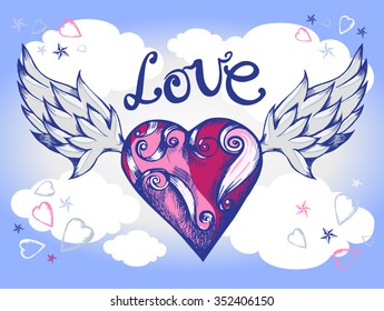 Winged heart in the clouds, vector illustration. Valentine's Day card design.