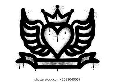 Winged heart with crown and ribbon with black spray paint graffiti