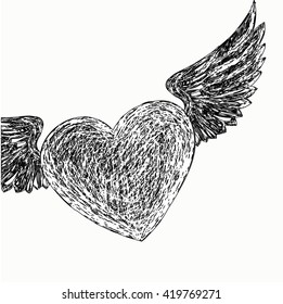 Winged heart. Hand drawing.
