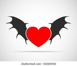 Winged heart icon. Red heart with black wings isolated on light background. Vector illustration.