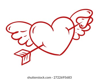Corazón alado perforado por la ilustración de contorno de flecha. Dibujado a mano símbolo de amor cupido. Vector aislado ilustración sobre fondo blanco