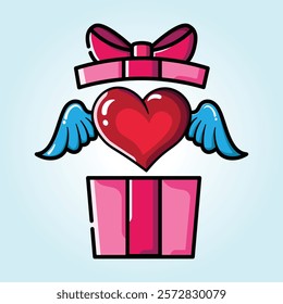 A winged heart pops out of a gift box, symbolizing Valentine's Day love.