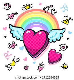 Winged heart with rainbow in pop art style. Concept of love. Gay marriage. LGBT. Valentine's day greeting card on white background