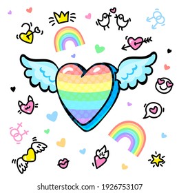 Winged heart with rainbow in pop art style. Concept of love. Gay marriage. LGBT. Valentine's day greeting card on white background