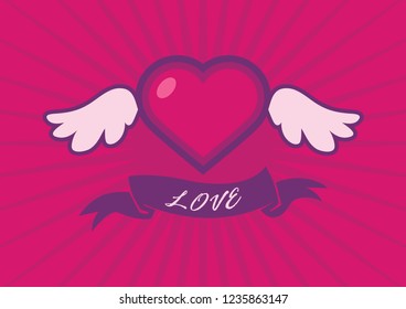 Winged heart with a ribbon vector. Beautiful heart with wings. Winged heart with a ribbon. Heart on a pink background. Love uplifting. Valentine icon